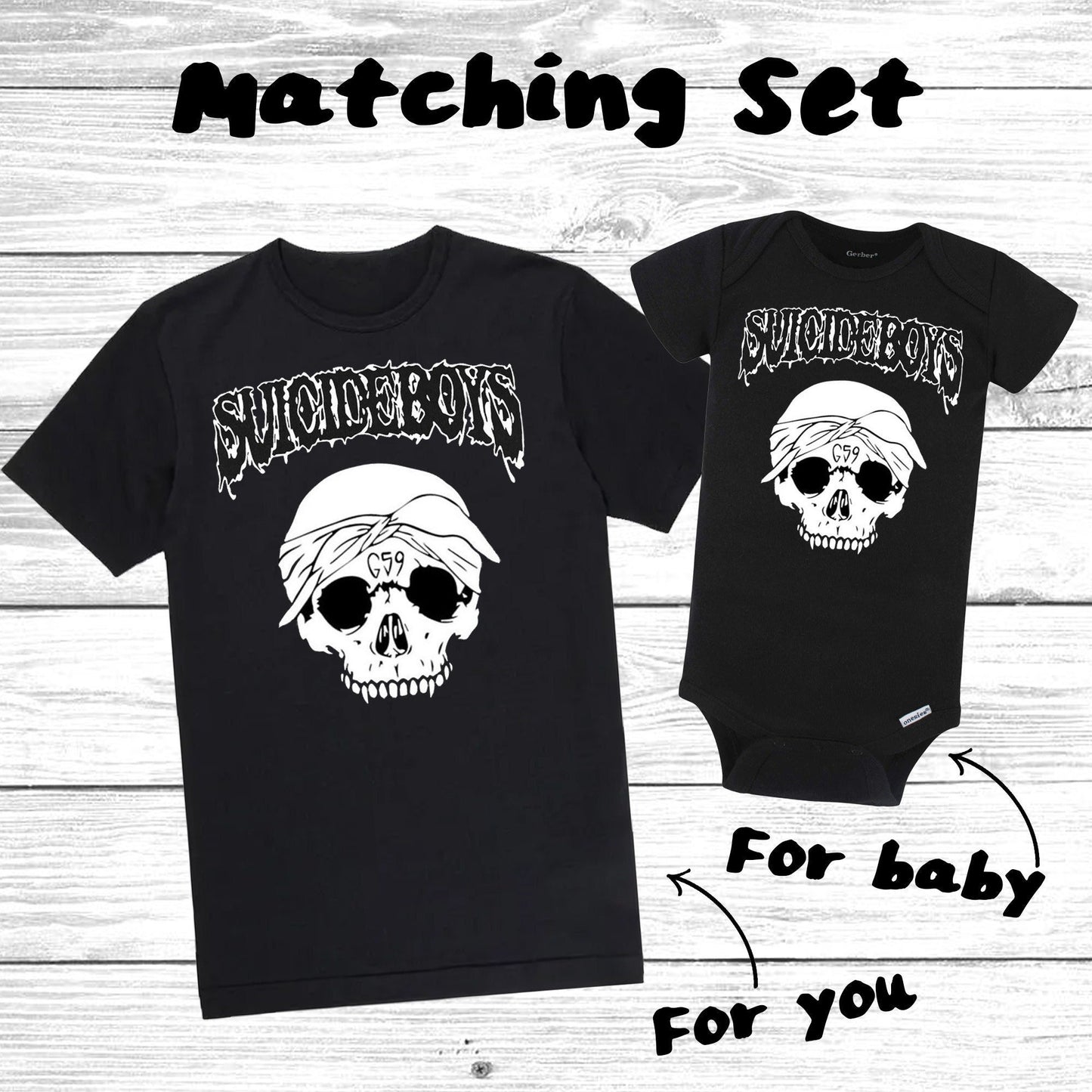 Black adult T-shirt and black baby bodysuit featuring $uicideBoy$ skull design